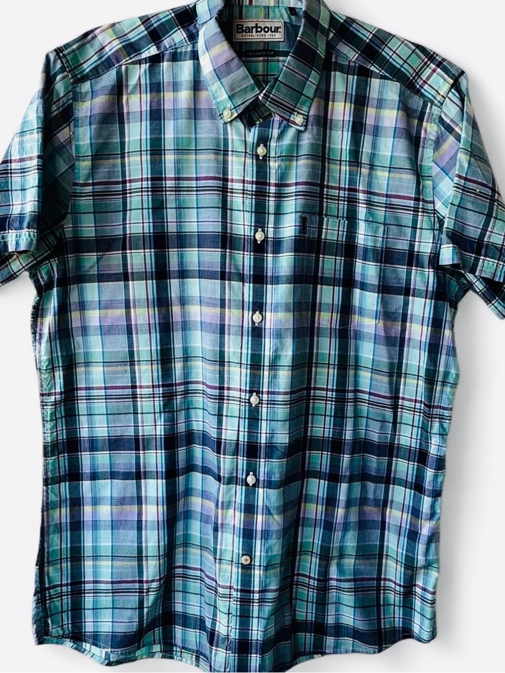 Barbour Teal and Navy Plaid Short-Sleeve Button-Down Shirt Mens Medium